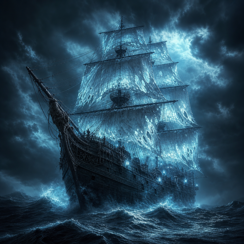 The Flying Dutchman sailing on stormy seas